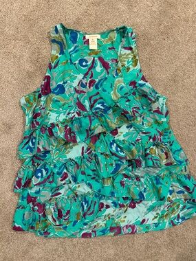 Sundance Silk Cotton Ruffle Tank Top Size 16 Teal Floral Boho